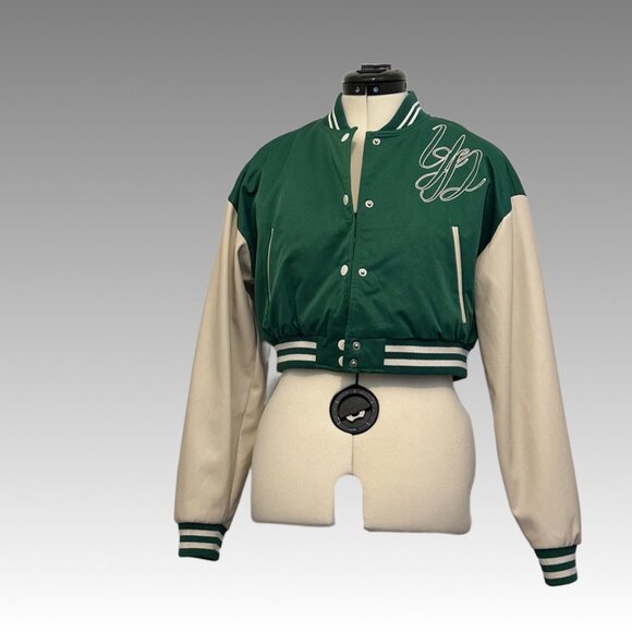 FOREVER 21 Jacket Cropped Varsity Letterman Baseball Bomber Sports Green Ivory S - Picture 10 of 15